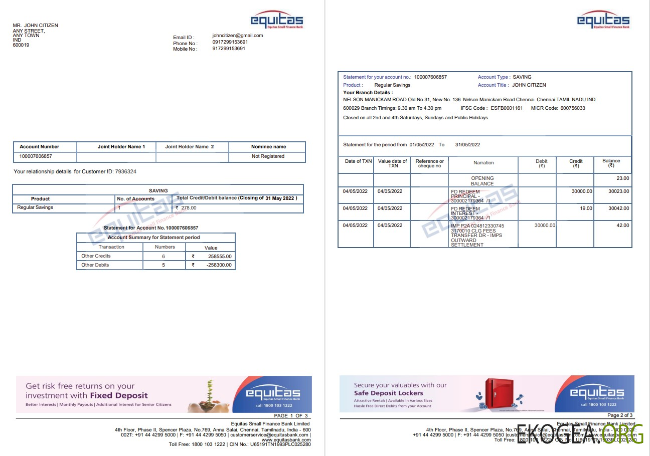 Relevé bancaire Equitas Inde 3 pages